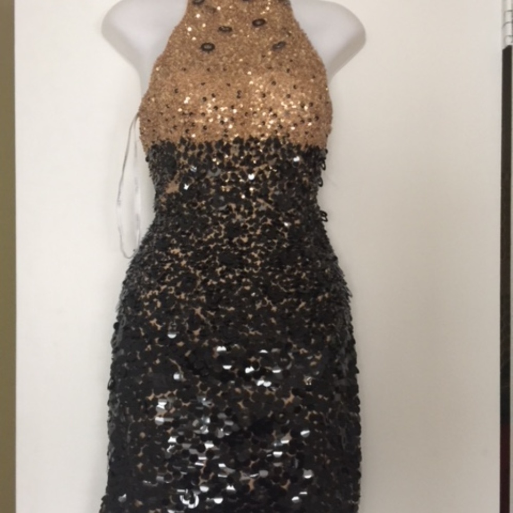 Terani Sequined Cocktail Dress Gold Black